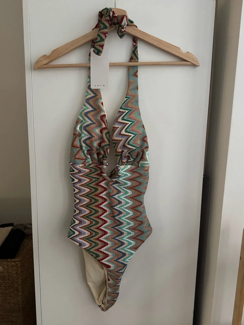 New w/Tags One-Piece Halter Swimsuit in Multicolor Zigzag